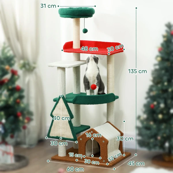 Krabpaal In Kerstkleuren, 135 Cm Kattenboom Met 6 Niveaus, Kattenkrabpaal Met Kattenhol, Speelbal, Sisal Krabpalen, Voor 1 2 Katten Tot 5 Kg, Meerkleurig 4