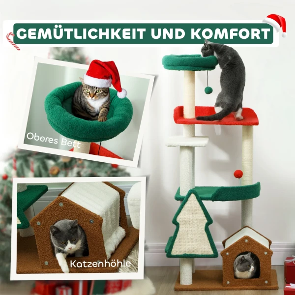 Krabpaal In Kerstkleuren, 135 Cm Kattenboom Met 6 Niveaus, Kattenkrabpaal Met Kattenhol, Speelbal, Sisal Krabpalen, Voor 1 2 Katten Tot 5 Kg, Meerkleurig 6