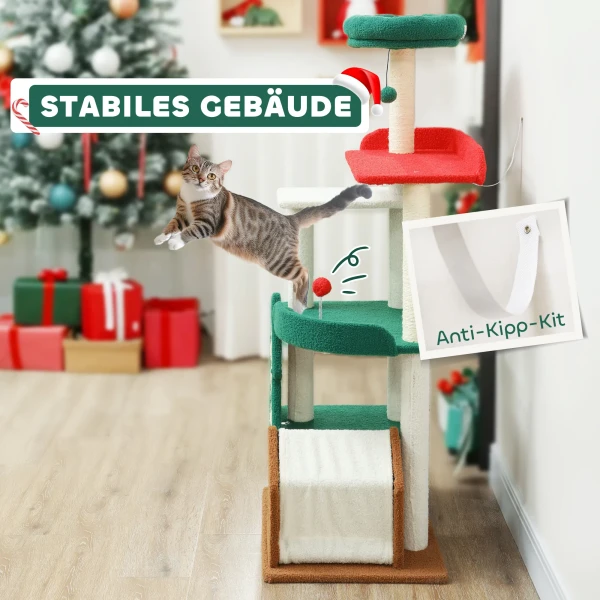 Krabpaal In Kerstkleuren, 135 Cm Kattenboom Met 6 Niveaus, Kattenkrabpaal Met Kattenhol, Speelbal, Sisal Krabpalen, Voor 1 2 Katten Tot 5 Kg, Meerkleurig 7