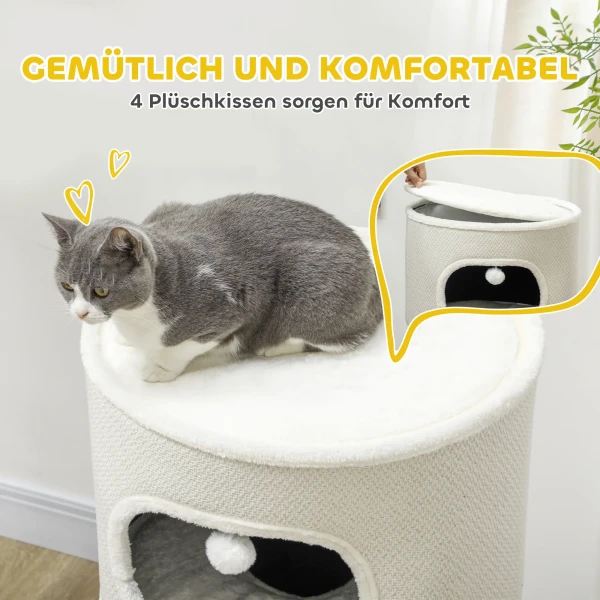 Krabton, 100 Cm Hoog Kattenton Met 3 Grotten, Krabpaal Met Speelballen, Kattentoren Van Sisal, Voor Katten Tot 6 Kg, Beige+cremewit 7