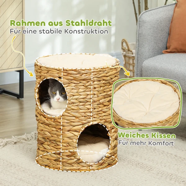 Krabton, 50 Cm Hoog Kattenton Met 2 Grotten, Krabpaal Met Kussen, Kattentoren Gemaakt Van Waterhyacint, Voor Katten Tot 3,5 Kg, Lichtbruin 7