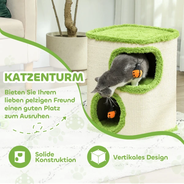 Krabton, 52 Cm Hoog Kattenton Met 2 Grotten, Krabpaal Met Lieveheersbeestje Speelgoed, Kattentoren Van Sisal, Voor Katten Tot 5 Kg, Groen+cremewit 5