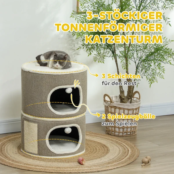 Krabton, 69 Cm Hoog Kattenton Met 2 Grotten, Krabpaal Met Speelballen, Kattentoren Van Sisal, Voor Katten Tot 6 Kg, Koffiebruin+cremewit 6