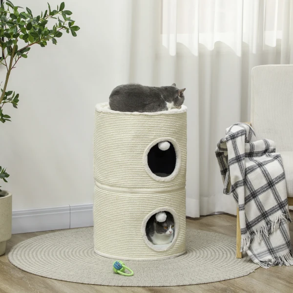 Krabton, 69 Cm Hoog Kattenton Met 2 Hol, Speelbal, Deelbare Krabboom, Kattentoren Voor Katten Tot 5 Kg, Roomwit 2