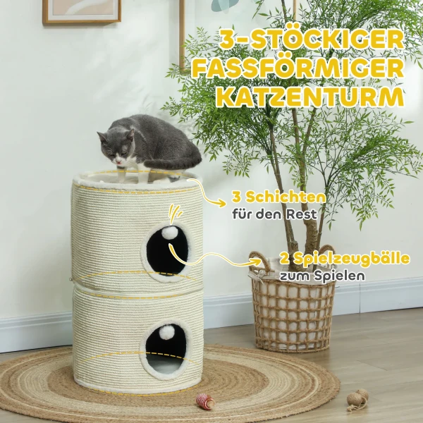 Krabton, 69 Cm Hoog Kattenton Met 2 Hol, Speelbal, Deelbare Krabboom, Kattentoren Voor Katten Tot 5 Kg, Roomwit 6