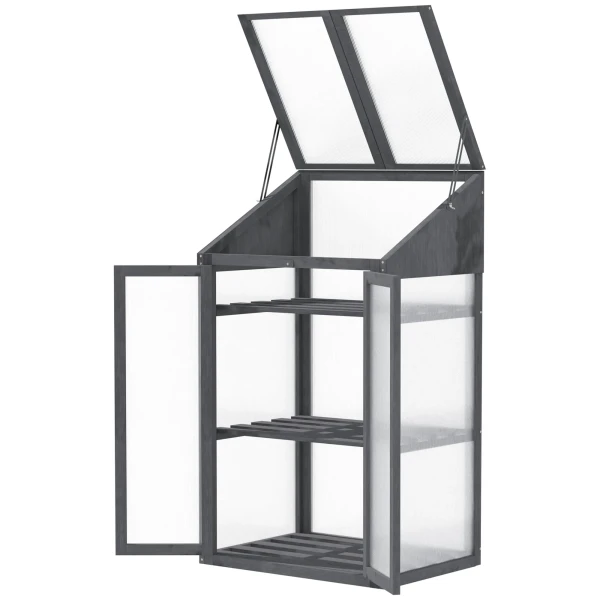 Kweekbak Van Hout, Mini Broeikas 70 X 50 X 120 Cm, Broeikas Met Afdekking, Venster, Dubbele Deur, Lichtdoorlatende Kweekbak Met 3 Planken, Winterbestendige Verhoogde Tuinbed Voor Tuin, Balkon, Grijs 1