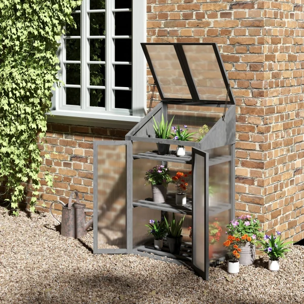 Kweekbak Van Hout, Mini Broeikas 70 X 50 X 120 Cm, Broeikas Met Afdekking, Venster, Dubbele Deur, Lichtdoorlatende Kweekbak Met 3 Planken, Winterbestendige Verhoogde Tuinbed Voor Tuin, Balkon, Grijs 2