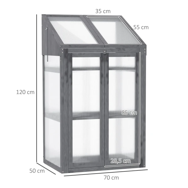Kweekbak Van Hout, Mini Broeikas 70 X 50 X 120 Cm, Broeikas Met Afdekking, Venster, Dubbele Deur, Lichtdoorlatende Kweekbak Met 3 Planken, Winterbestendige Verhoogde Tuinbed Voor Tuin, Balkon, Grijs 4