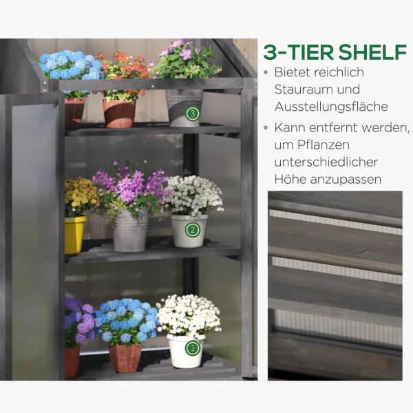 Kweekbak Van Hout, Mini Broeikas 70 X 50 X 120 Cm, Broeikas Met Afdekking, Venster, Dubbele Deur, Lichtdoorlatende Kweekbak Met 3 Planken, Winterbestendige Verhoogde Tuinbed Voor Tuin, Balkon, Grijs 6