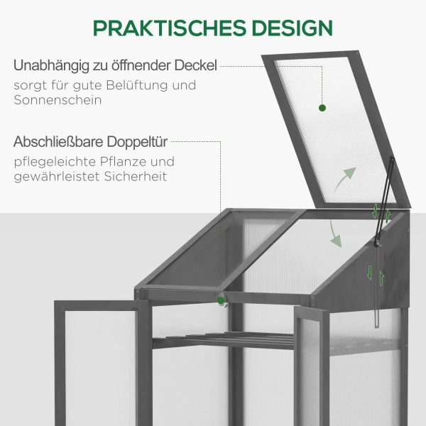 Kweekbak Van Hout, Mini Broeikas 70 X 50 X 120 Cm, Broeikas Met Afdekking, Venster, Dubbele Deur, Lichtdoorlatende Kweekbak Met 3 Planken, Winterbestendige Verhoogde Tuinbed Voor Tuin, Balkon, Grijs 7