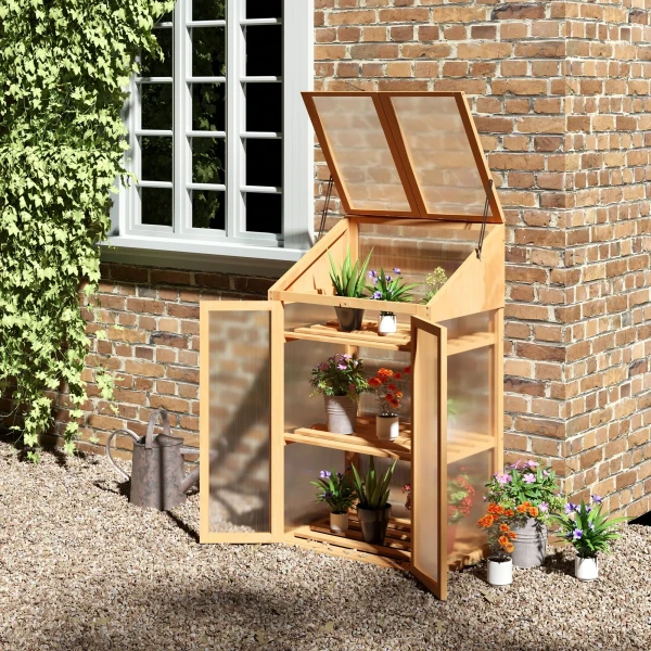 Kweekbak Van Hout, Mini Broeikas 70 X 50 X 120 Cm, Kas Met Afdekking, Venster, Dubbele Deur, Lichtdoorlatende Kweekbak Met 3 Planken, Winterbestendige Verhoogde Tuinbed Voor Tuin, Balkon, Bruin 2