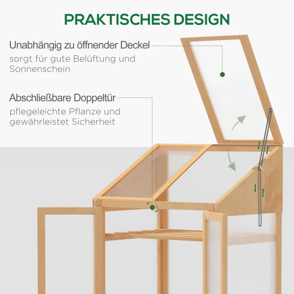 Kweekbak Van Hout, Mini Broeikas 70 X 50 X 120 Cm, Kas Met Afdekking, Venster, Dubbele Deur, Lichtdoorlatende Kweekbak Met 3 Planken, Winterbestendige Verhoogde Tuinbed Voor Tuin, Balkon, Bruin 7