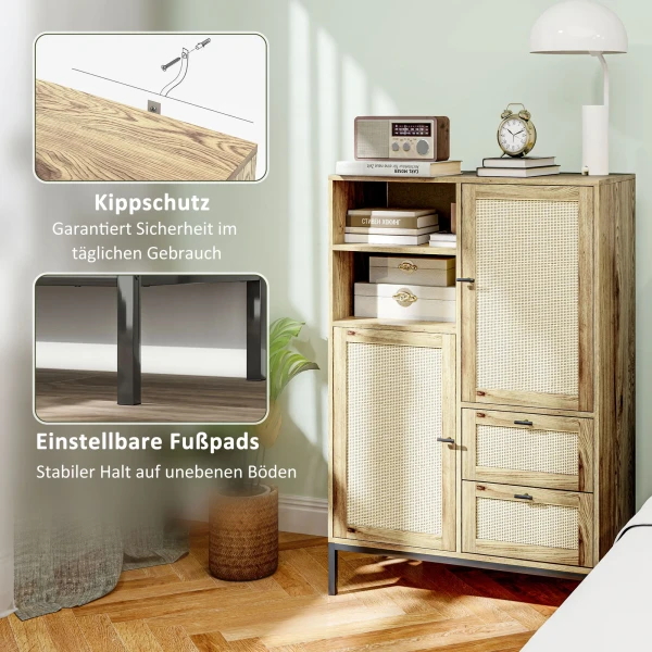 Ladekast, Opbergkast Met Rieten Deuren, Multifunctionele Kast Met Laden En Verstelbare Planken, Metalen Frame, Voor Woonkamer, Slaapkamer, Eetkamer, 80 X 40 X 120 Cm, Natuurhout 8