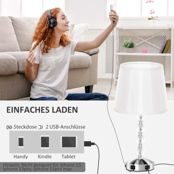 Led Tafellamp Oplaadbaar Via Usb, Kristallen Nachtkastlamp, Lampvoet E27, Voor Woonkamer Slaapkamer, Glas, Zilver 23 X 23 X 45 Cm 8