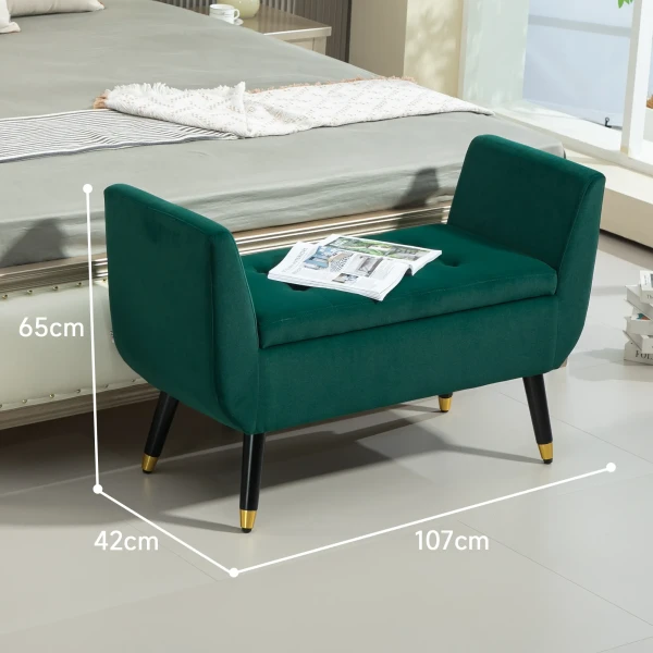 Luxe Zitbank Gestoffeerde Bank Met Opbergruimte Armleuningen Kistbank Fluweelachtig Polyester Rubberhout Groen 107 X 42 X 65 Cm 4