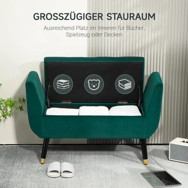 Luxe Zitbank Gestoffeerde Bank Met Opbergruimte Armleuningen Kistbank Fluweelachtig Polyester Rubberhout Groen 107 X 42 X 65 Cm 5