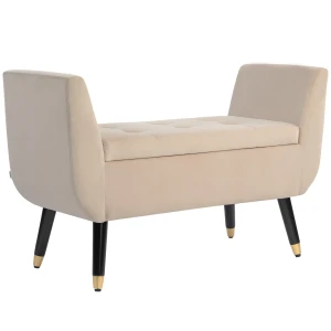 Luxe Zitbank Gestoffeerde Bank Met Opbergruimte Armleuningen Kofferbank Fluweelachtig Polyester Rubberhout Beige 107 X 42 X 65 Cm 1