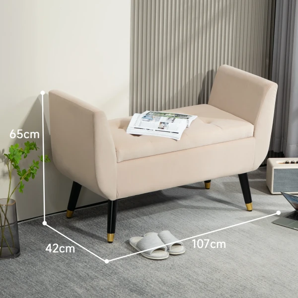 Luxe Zitbank Gestoffeerde Bank Met Opbergruimte Armleuningen Kofferbank Fluweelachtig Polyester Rubberhout Beige 107 X 42 X 65 Cm 4