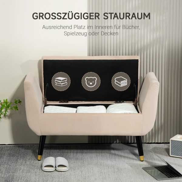Luxe Zitbank Gestoffeerde Bank Met Opbergruimte Armleuningen Kofferbank Fluweelachtig Polyester Rubberhout Beige 107 X 42 X 65 Cm 5