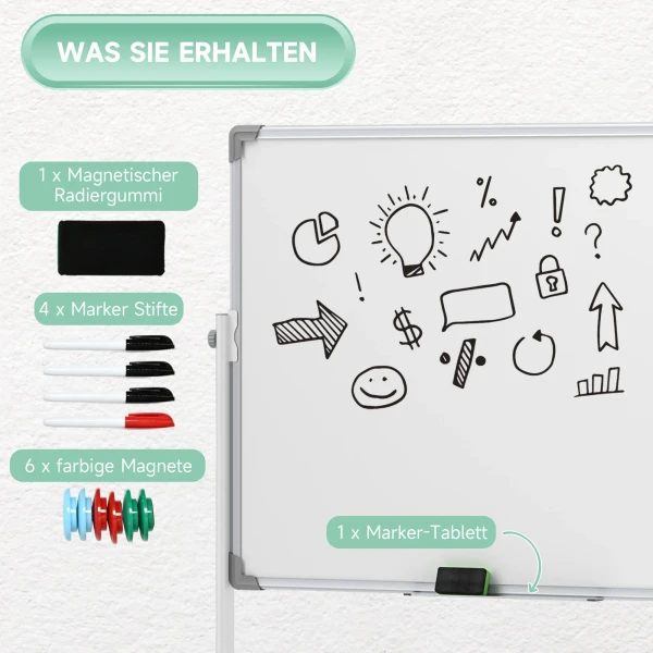 Magnetisch Whiteboard 120 X 90 Cm Dubbelzijdig Magneetbord Met Standaard, Wielen, 6 Markers & 1 Gum, 360° Draaibaar, 3 Traps Verstelbaar Magneetbord Voor Kantoor, Thuis 8