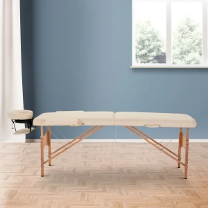 Massagetafel, Opvouwbare Massageliege, In Hoogte Verstelbare Massagebank, Massagebed Met Hoofdsteun, Voor Spa, Salon, Kunstleer, Hout, Crème 1