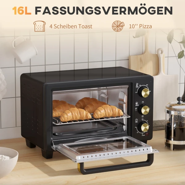 Minibackofen 16 L 1400w Mini Oven 100 230℃ 60 Min. Timer, Met Grillrooster En Bakplaat, Pizzaoventje Met Tablethandvat, Kruimelbak Zwart 5