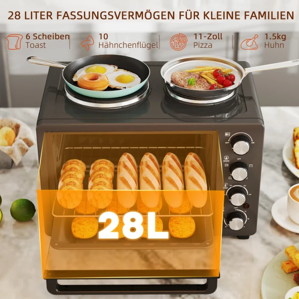 Minibackofen 28 L 2600w Mini Oven 100 230℃ 60 Min. Timer, Met 2 Warmhoudplaten, Bakplaat En Grillrooster Pizzaoventje Met Kruimelbak, Tablethandvat Zwart 6