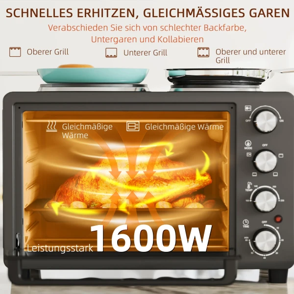 Minibackofen 28 L 2600w Mini Oven 100 230℃ 60 Min. Timer, Met 2 Warmhoudplaten, Bakplaat En Grillrooster Pizzaoventje Met Kruimelbak, Tablethandvat Zwart 8