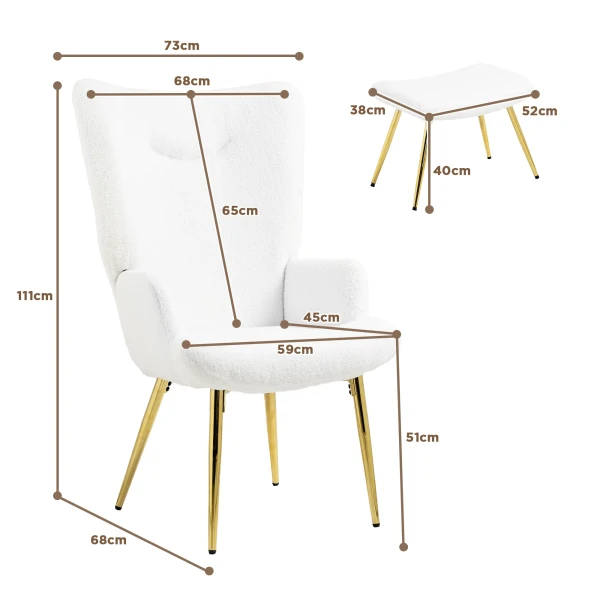 Oorfauteuil Met Voetenbank, Fauteuil Met Sherpa Hoes, Hoge Rugleuning, Loungestoel Met Armleuning, Stalen Poten Voor Woonkamer, Slaapkamer, Wit 4