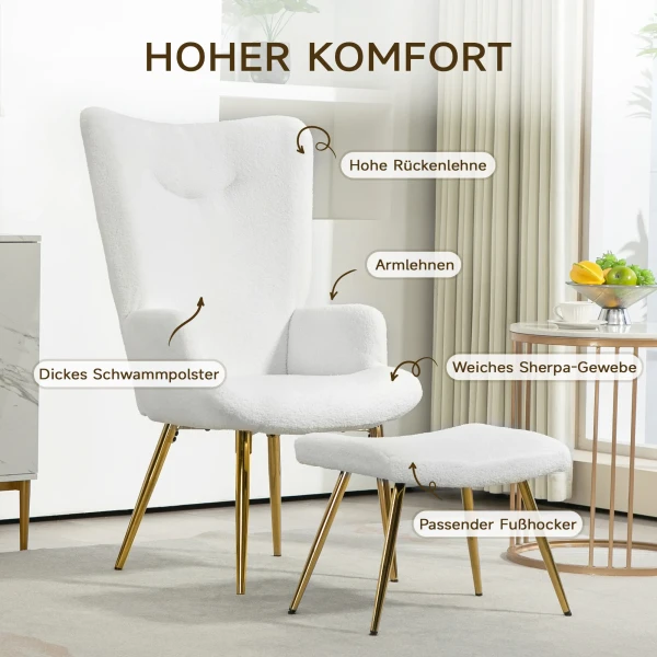 Oorfauteuil Met Voetenbank, Fauteuil Met Sherpa Hoes, Hoge Rugleuning, Loungestoel Met Armleuning, Stalen Poten Voor Woonkamer, Slaapkamer, Wit 5