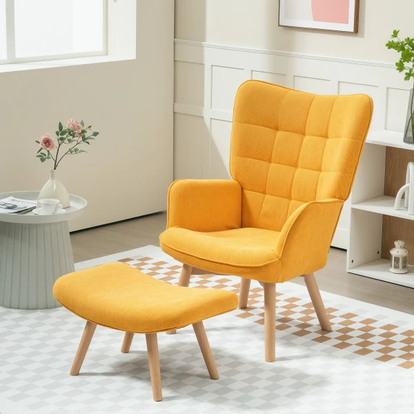 Oorfauteuil Met Voetenbank, Relaxfauteuil, Gestoffeerde Fauteuil In Koordlook, Loungestoel, Armstoel Met Houten Poten, Tv Stoel Voor Woonkamer, Oranje 2