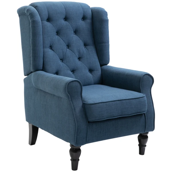 Oorfauteuil Stoel Met Tufting, Hoge Rugleuning, Gestoffeerde Loungestoel Met Afgeronde Armleuningen, Houten Poten, Voor Slaapkamer, Woonkamer, Tot 160 Kg, Blauw 1