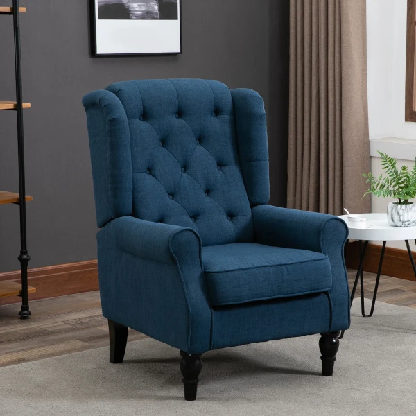 Oorfauteuil Stoel Met Tufting, Hoge Rugleuning, Gestoffeerde Loungestoel Met Afgeronde Armleuningen, Houten Poten, Voor Slaapkamer, Woonkamer, Tot 160 Kg, Blauw 2