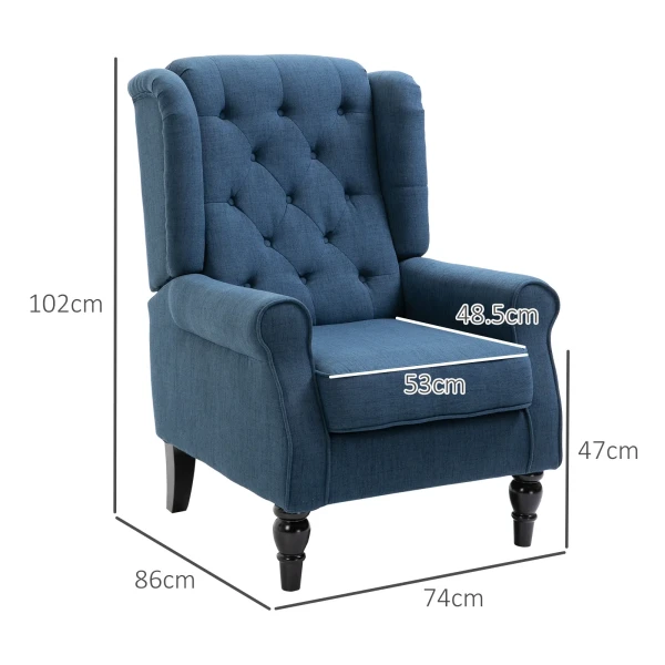 Oorfauteuil Stoel Met Tufting, Hoge Rugleuning, Gestoffeerde Loungestoel Met Afgeronde Armleuningen, Houten Poten, Voor Slaapkamer, Woonkamer, Tot 160 Kg, Blauw 4