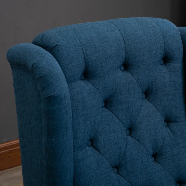 Oorfauteuil Stoel Met Tufting, Hoge Rugleuning, Gestoffeerde Loungestoel Met Afgeronde Armleuningen, Houten Poten, Voor Slaapkamer, Woonkamer, Tot 160 Kg, Blauw 9