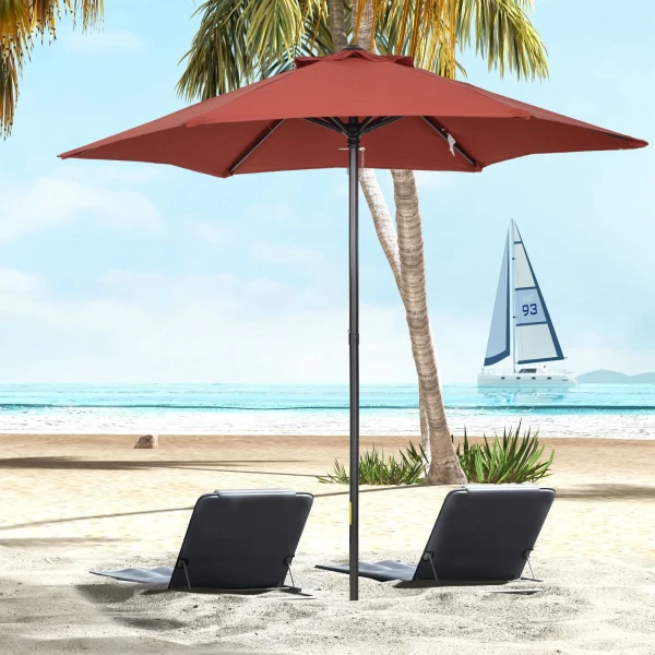 Parasol Ø196 Cm, Draaibare Parasol Met Kantelfunctie, Zeshoekige Balkonparasol Strandschirm Windbestendig Stabiel Marktparasol Krukparasol Zonbescherming Voor Strand Balkon Tuin, Wijnrood 2