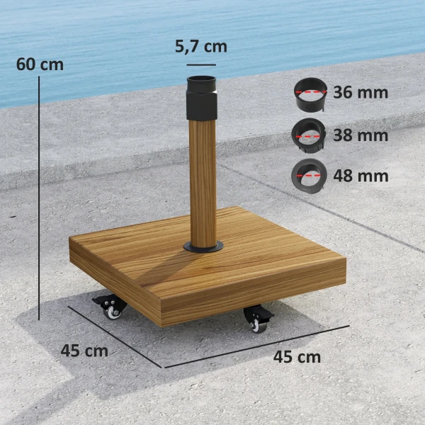 Parasolvoet Van Beton, Parasolstandaard Met Wielen, Remmen, Vierkante Parasolhouder, Parasolgewicht, Stand Voor Parasol Ø36/38/48 Mm, Voor Balkon, Terras, Tuin, Natuurhout 4