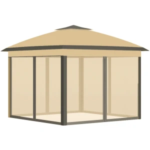 Paviljoen 3,3x3,3m, Waterafstotend Winterbestendig Pop Up Vouwpaviljoen Met Dubbeldak, Uv Bescherming, Opvouwbaar Feesttent Tuintent Met Zijpanelen, Tas Tuinpaviljoen Voor Camping Tuin, Beige 1