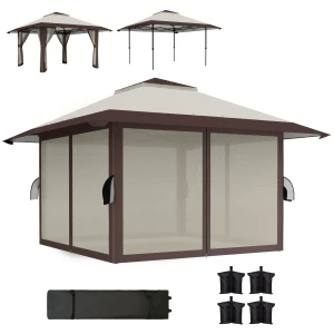 Paviljoen 4x4m Waterdicht Hoogteverstelbaar Pop Up Vouwpaviljoen Met Netwanden Uv 50+ Opvouwbaar Feesttent Tuinpaviljoen Met Draagtas Zandzakken Tuinpaviljoen Voor Camping Tuin Festival, Beige 1