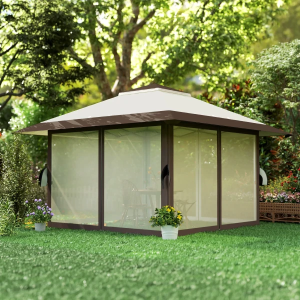 Paviljoen 4x4m Waterdicht Hoogteverstelbaar Pop Up Vouwpaviljoen Met Netwanden Uv 50+ Opvouwbaar Feesttent Tuinpaviljoen Met Draagtas Zandzakken Tuinpaviljoen Voor Camping Tuin Festival, Beige 10