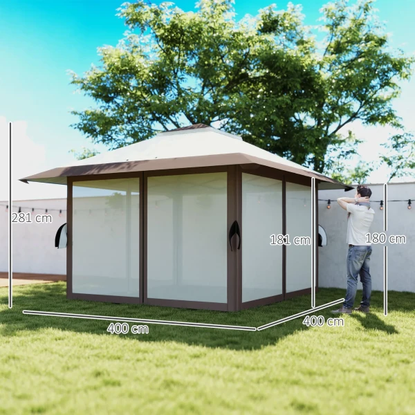 Paviljoen 4x4m Waterdicht Hoogteverstelbaar Pop Up Vouwpaviljoen Met Netwanden Uv 50+ Opvouwbaar Feesttent Tuinpaviljoen Met Draagtas Zandzakken Tuinpaviljoen Voor Camping Tuin Festival, Beige 4