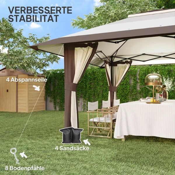 Paviljoen 4x4m Waterdicht Hoogteverstelbaar Pop Up Vouwpaviljoen Met Netwanden Uv 50+ Opvouwbaar Feesttent Tuinpaviljoen Met Draagtas Zandzakken Tuinpaviljoen Voor Camping Tuin Festival, Beige 9