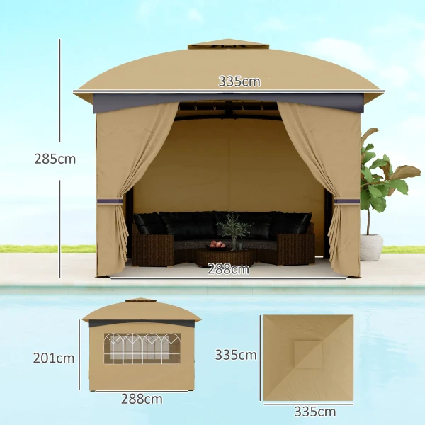 Paviljoen Ca. 3,4x3,4 M Waterafstotend Tuinpaviljoen Met 4 Zijpanelen, Dubbel Dak, Feesttent Met Uv Bescherming Tuintent Met Verzinkt Metalen Frame, Voor Tuin Beige 4