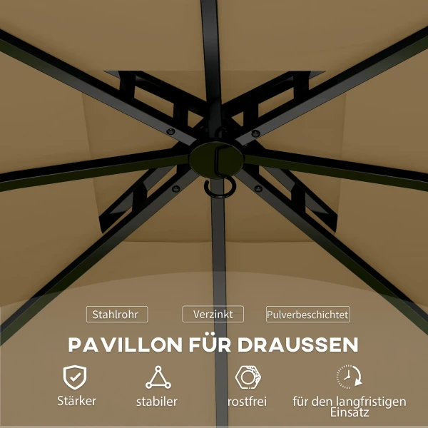 Paviljoen Ca. 3,4x3,4 M Waterafstotend Tuinpaviljoen Met 4 Zijpanelen, Dubbel Dak, Feesttent Met Uv Bescherming Tuintent Met Verzinkt Metalen Frame, Voor Tuin Beige 7