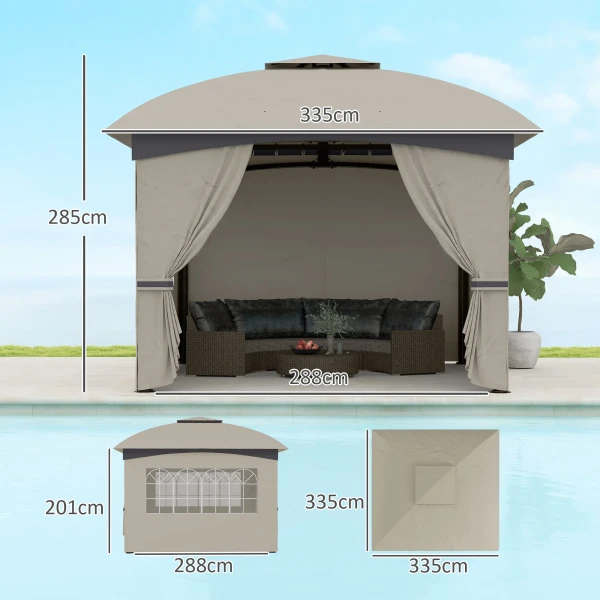 Paviljoen Ca. 3,4x3,4 M Waterafstotend Tuinpaviljoen Met 4 Zijpanelen, Dubbel Dak, Feesttent Met Uv Bescherming Tuintent Met Verzinkt Metalen Frame, Voor Tuin Lichtgrijs 4