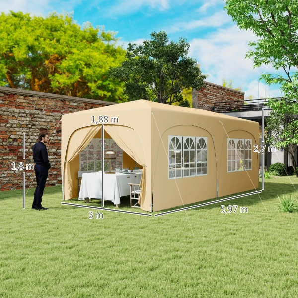 Paviljoen Ca. 3x6m, Waterafstotend Stabiel Winterbestendig Pop Up Vouwpaviljoen, Uv Bescherming 50+, Opvouwbaar Feesttent Tuintent Met 6 Zijpanelen Tas Tuinpaviljoen Voor Camping Tuin, Zand 4