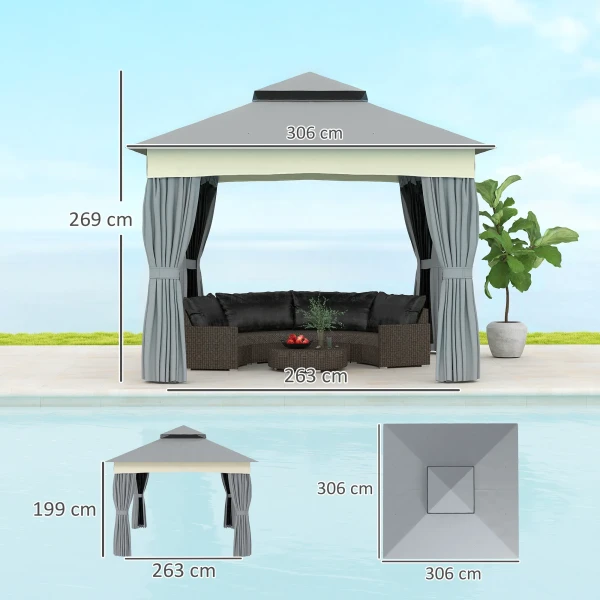 Paviljoen Met Dubbeldak, 3x3 M Waterafstotend Stabiel Winterbestendig Tuinpaviljoen Met Muggennet, Zijkanten, Tuin Paviljoen Van Metaal, Voor Tuin, Terras, Donkergrijs 4