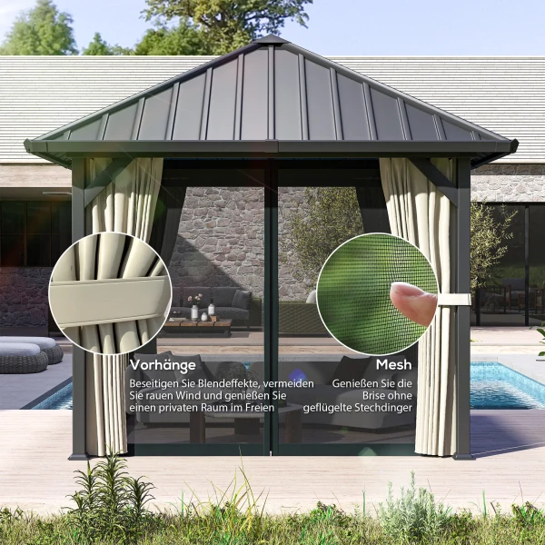 Paviljoen Met Hardtop, Ca. 3x3 M Waterdicht Stabiel Winterbestendig Tuinpaviljoen Met Muggennet, Zijpanelen, Tuin Paviljoen Van Metaal, Paviljoen Voor Tuin, Terras, Donkergrijs 8