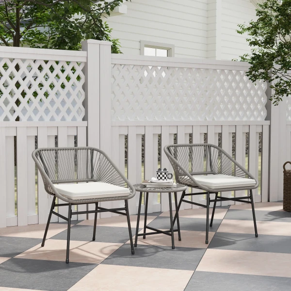 Polyrattan Tuinmeubelset, Outdoor Lounge Balkonmeubilair Voor 2 Personen, 3 Delige Zitgroep Met 2 Stoelen, Bijzettafel, Kussens, Weerbestendige Tuinlounge Voor Tuin, Terras Balkon, Donkergrijs 2