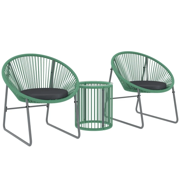 Polyrattan Tuinmeubelset, Outdoor Lounge Balkonmeubilair Voor 2 Personen, 3 Delige Zitgroep Met 2 Stoelen, Bijzettafel, Kussens, Weerbestendige Tuinlounge Voor Tuin, Terras Balkon, Groen 1